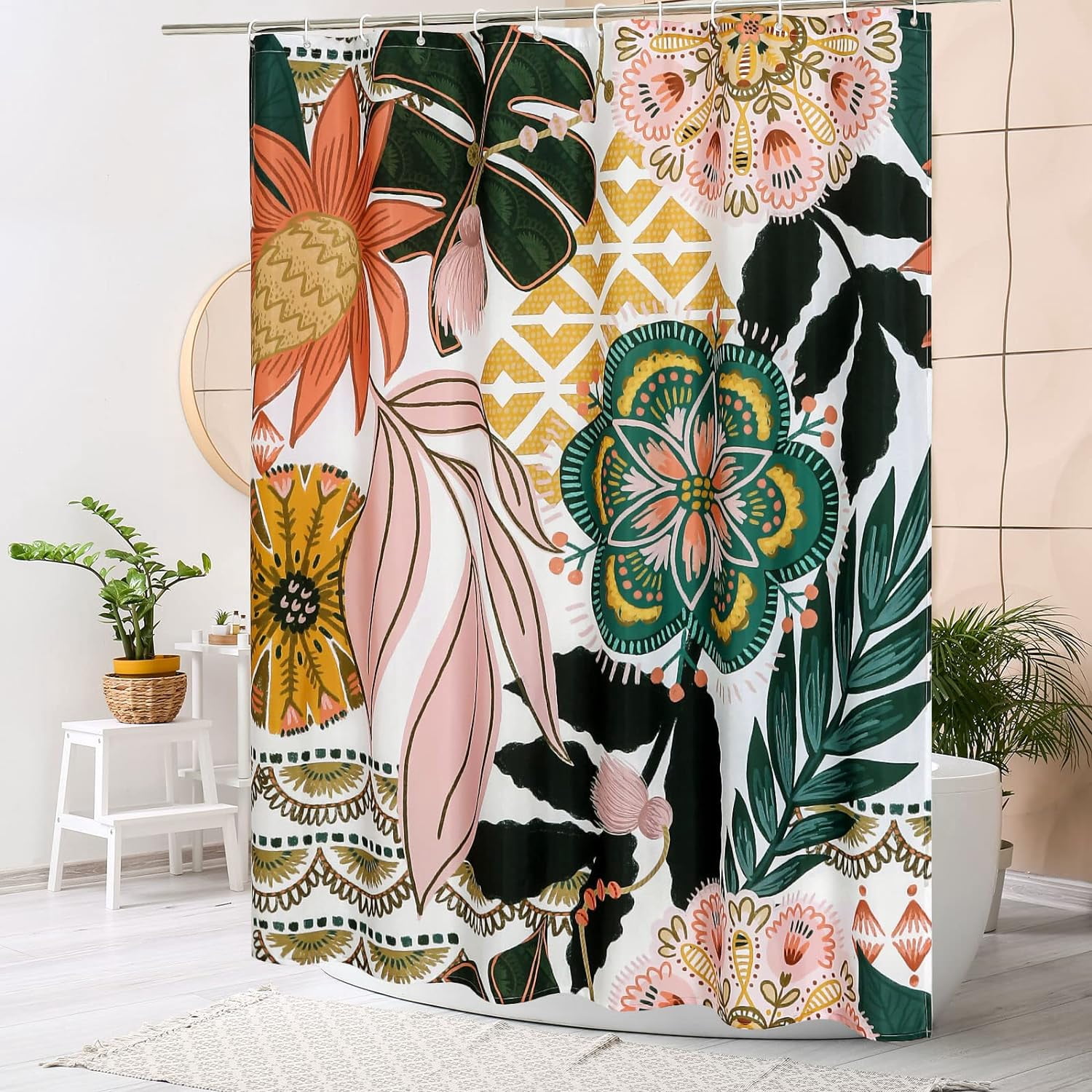 Extra Long Boho Floral Shower Curtain 72 x 84, Vintage Bathroom Shower Curtain with Tropical Leaves, XL Rustic Mid-Century Shower Curtains for Chic Bathroom Decor