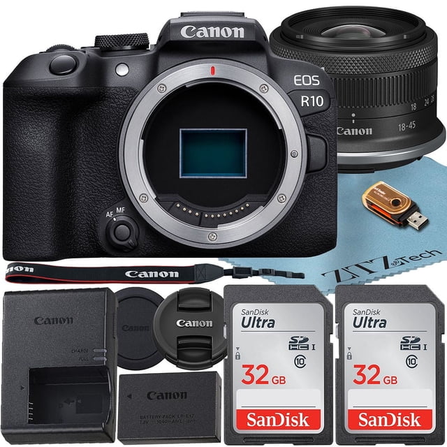 Canon EOS R10 Cámara sin Espejo con Lente RF-S 18-45 Mm f/4.5-6.3 IS STM + Pack de 2 Tarjetas de Memoria SanDisk de 32 Gb + Pack de Accesorios ZeeTech