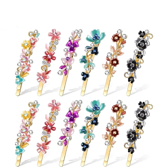 TUWAFE 12Pcs Vintage Flower Hair Pins, Gold Tone Metal Bobby Pins with Rhinestones, Decorative Clips for Wedding & Party