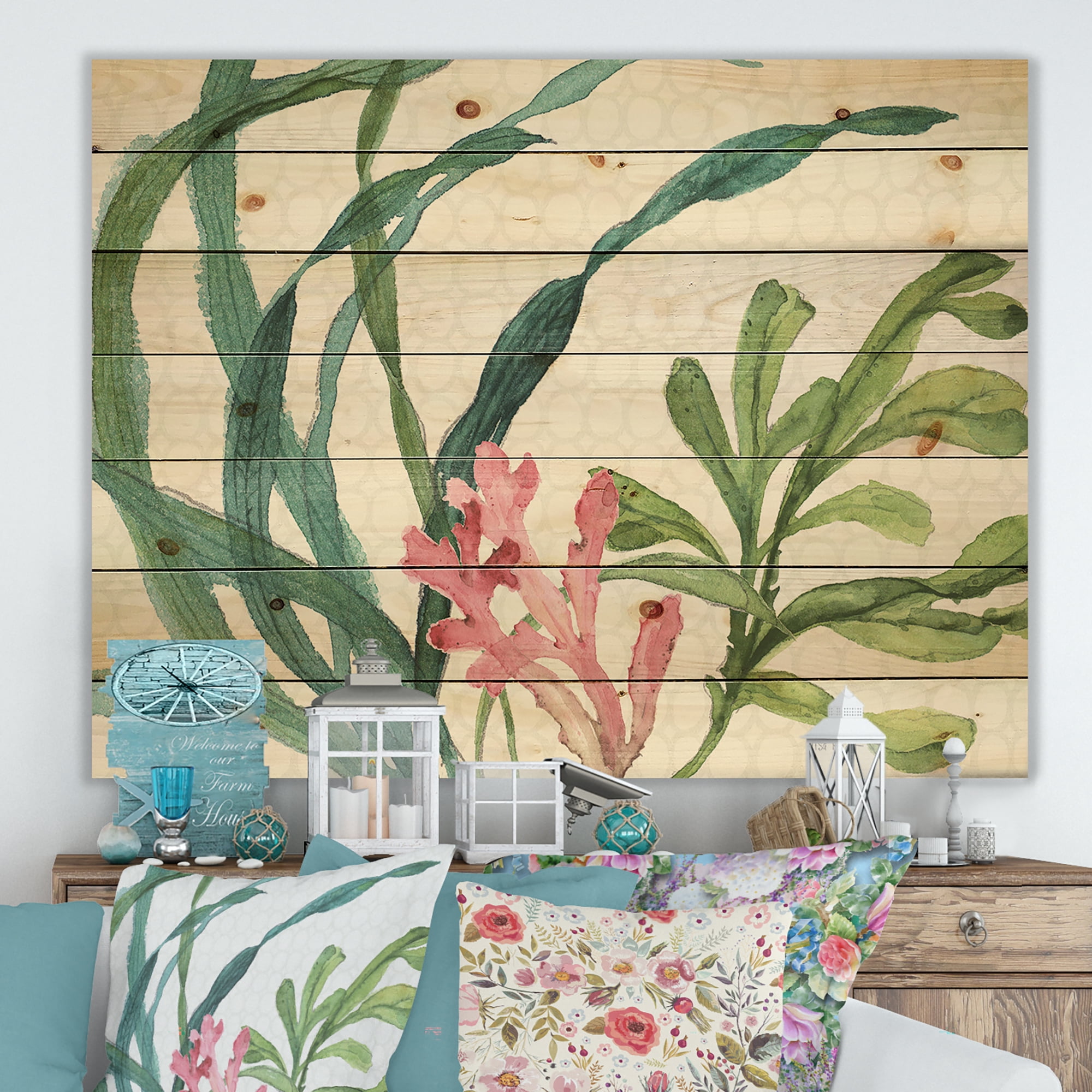 Designart 'Mixed Botanical Green Leaves IIII' Farmhouse Print on Natural Pine Wood