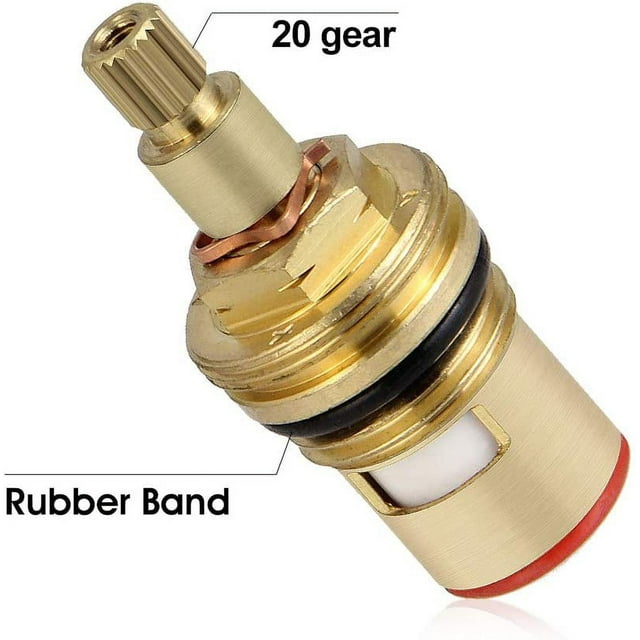 Ceramic Tap Cartridge, Replacement Brass Ceramic Stem Disc Cartridge Faucet. A close-up view of a durable brass and ceramic faucet cartridge with a 20-tooth gear design and rubber band seal. Measures 53mm in length with an outer diameter of 7.6mm and inner diameter of 4mm. Suitable for hot and cold water taps in kitchens and bathrooms. Includes 2 pieces, one with a red indicator and one with a blue indicator.