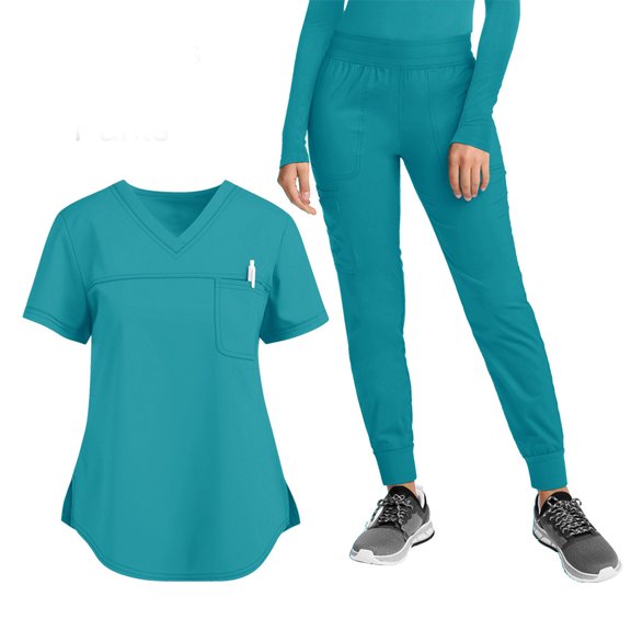 WULMLEO 2 Piece Scrubs Outfits for Women Short Sleeve Petite Scrub Sets Soft Comfortable V Neck Casual Nurse Uniform Tops and Pants Stretch Working Medical Nursing Workwear Sky Blue S