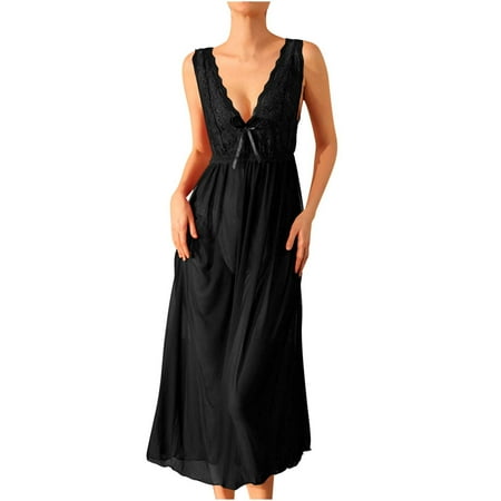 Women s Bride Bridesmaids Robe Womens Sleepwear Lace Lingerie Chemises V Neck Nightgown Long Sleep Lace Dress S-85 Black S