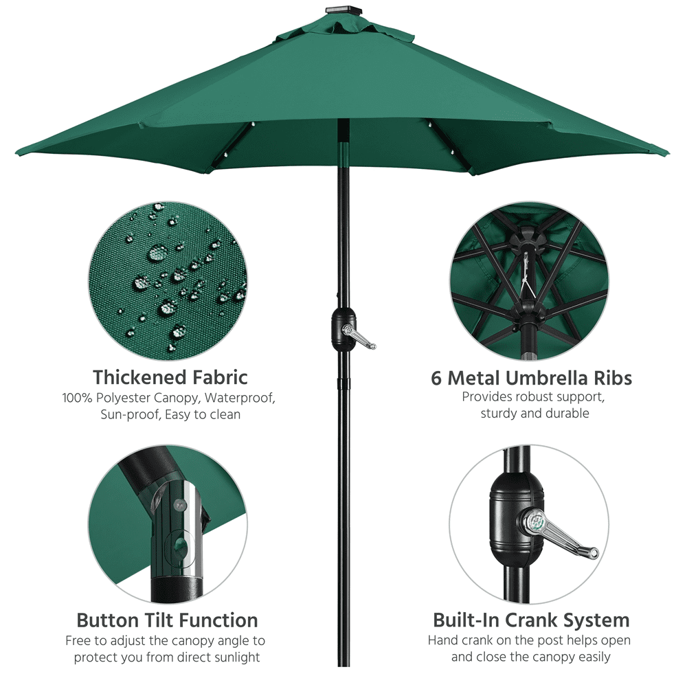 Renwick 7.5Ft Patio Market Umbrella with 18 LED Solar Lights, Dark Green