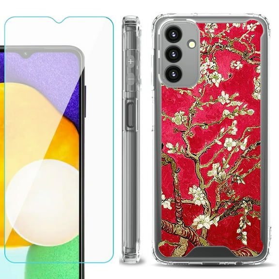 Shockproof Bumper Phone Case for Samsung Galaxy A13 5G, with Tempered Glass Screen Protector, by OneToughShield ® - Almond Blossom Red