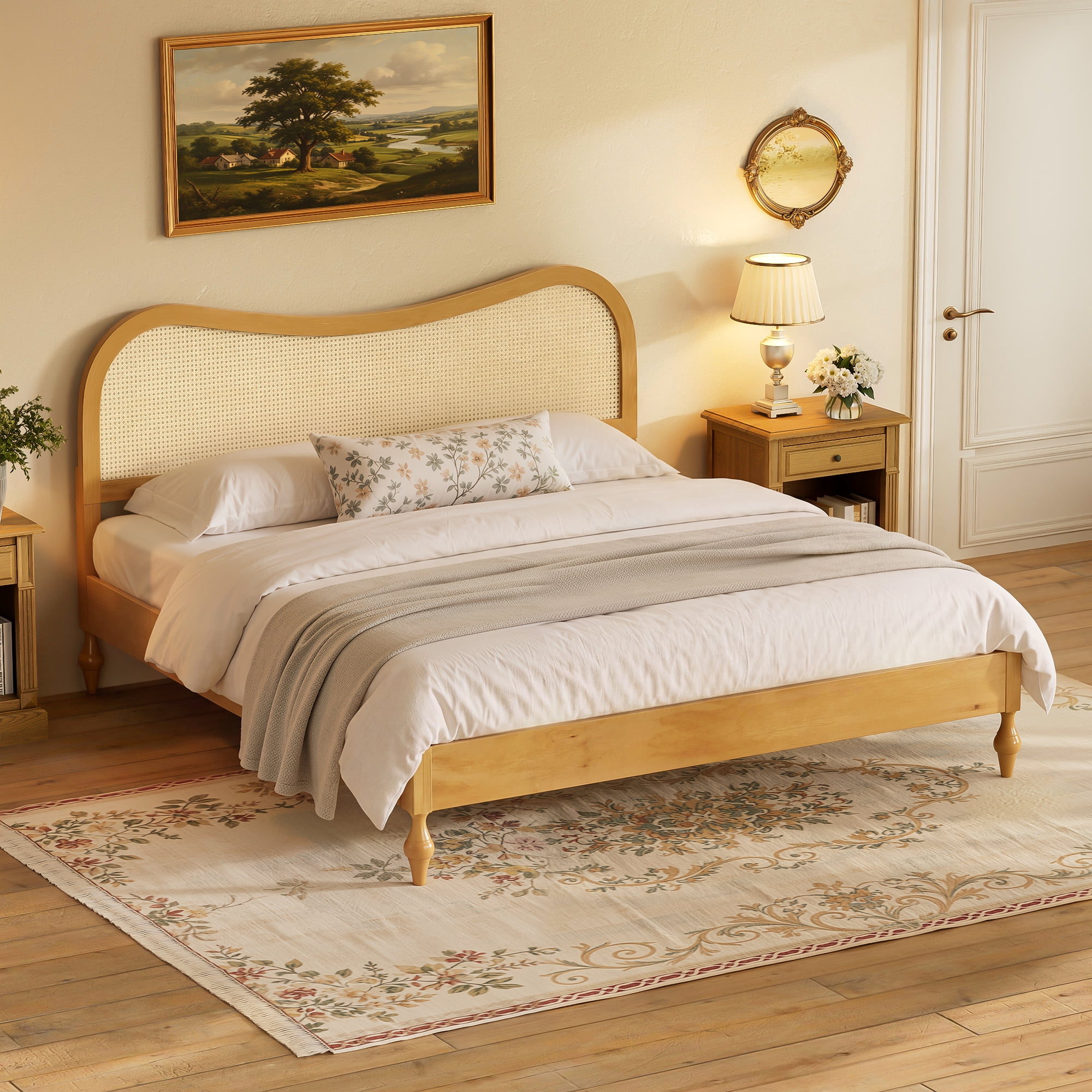 Mintazer Modern King Platform Bed with Wave Rattan Cane Headboard, Mid-Century Boho Bed Frame with Turned Legs for Bedroom, No Box Spring Needed, Natural