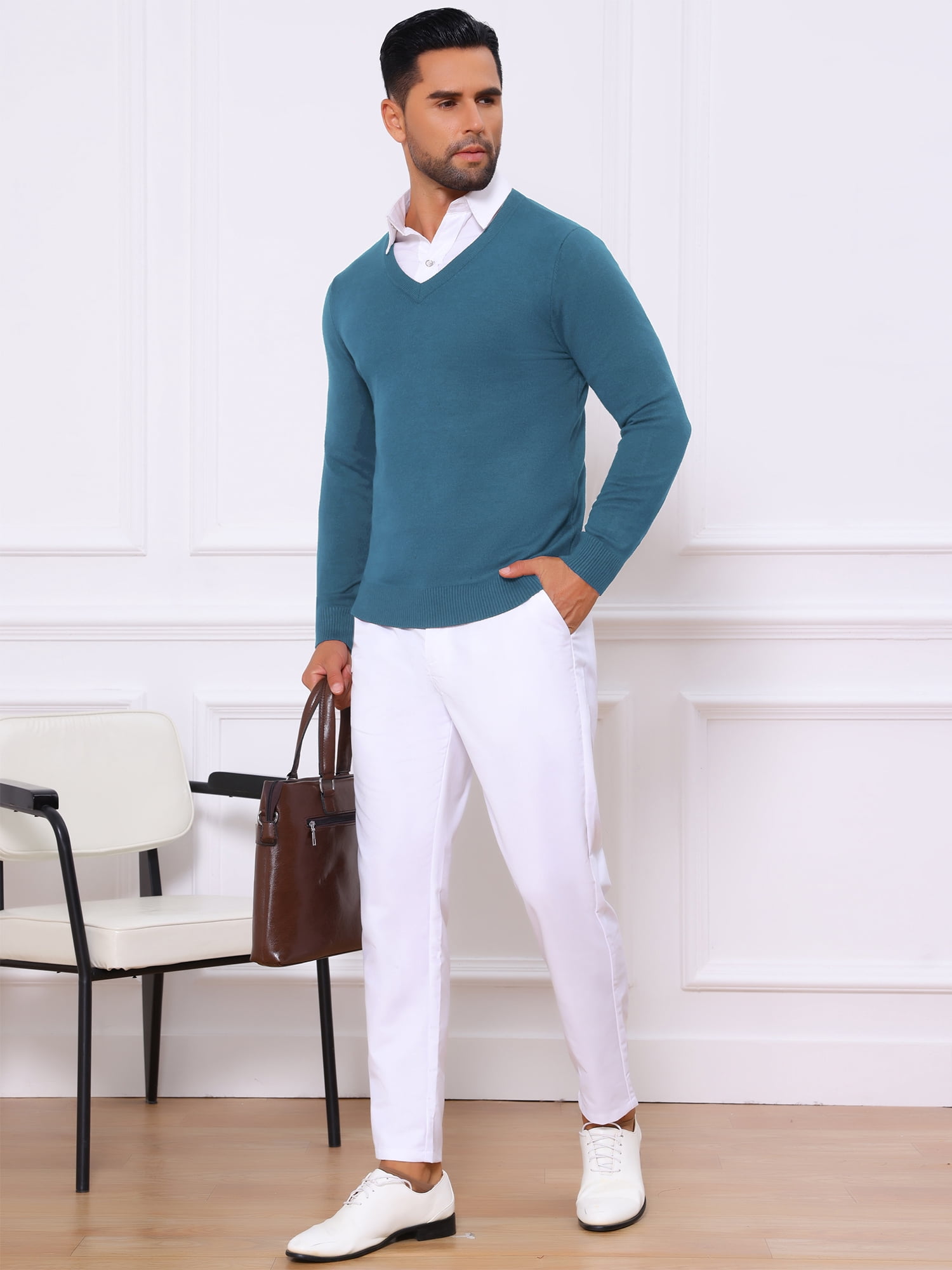 DARING DIVA Men's Long Sleeve V-Neck Solid Knitted Pullover Sweater L Blue