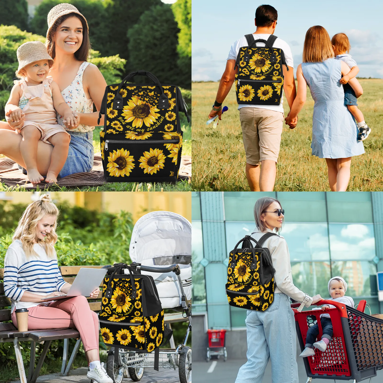 Sunflower Floral Mommy Backpack,Large Capacity Diaper Bag with Multi-Pockets,Water-Resistant Adjustable Straps Diaper Bag for Moms,Women,Travel 11x7x15.7 Inch