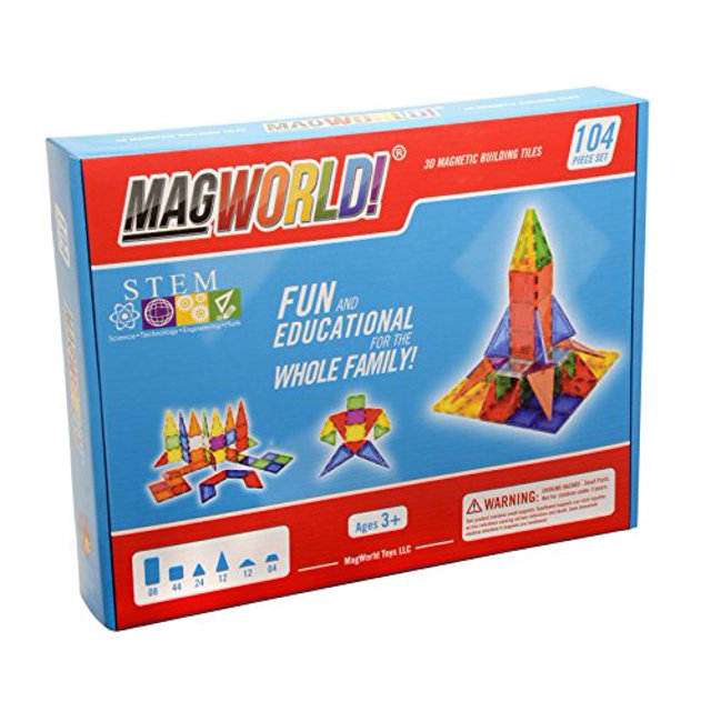 Galardonado MagWorld Toys Construcción magnética Colores del arco iris - Juego de 104 piezas. Cree formas, figuras y arquitectura 2D y 3D. STEM Play A partir de los 3 años. MagWorld Toys MWR0104