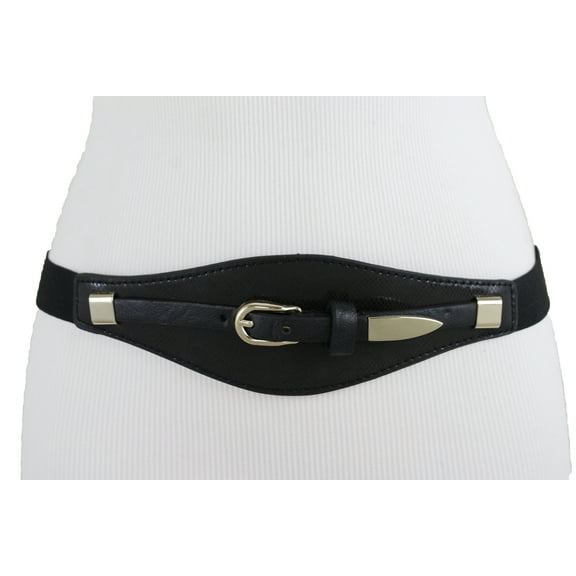 Women Black Elastic Wide Band Belt Gold Buckle S M