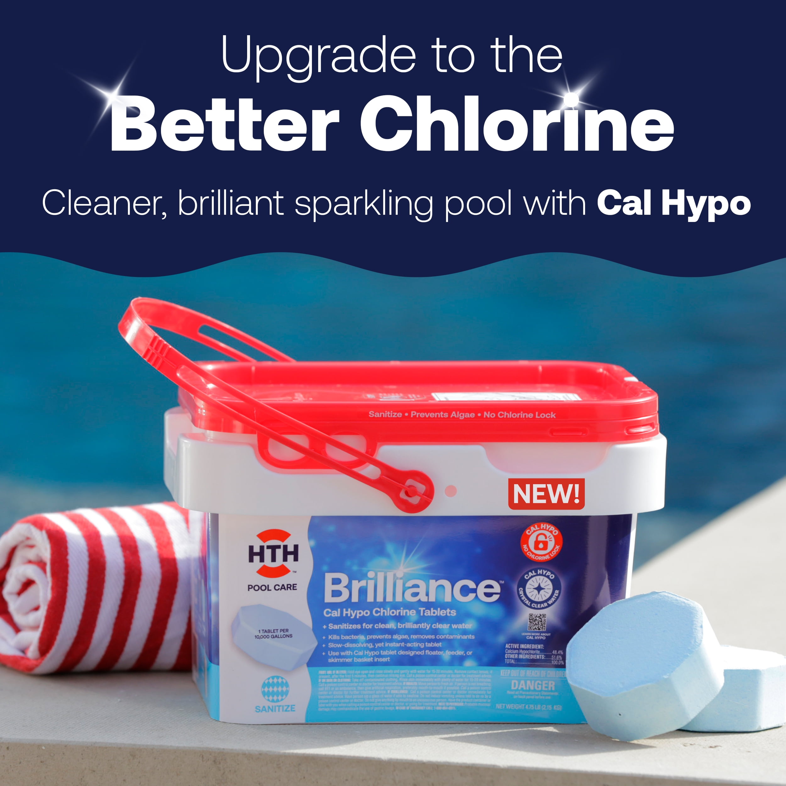 HTH Brilliance Cal Hypo Chlorine Tablets for Swimming Pools, Chlorine Pool Chemicals, 4.75lb