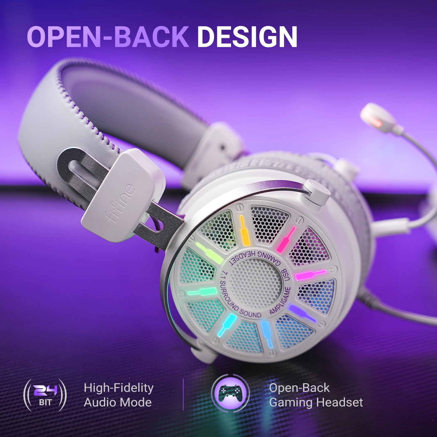 FIFINE Open-Back Gaming Headset for PC Computer, PS5/PS4, Wired Headphones with Noise-Cancelling Microphone, 7.1 Surround Sound, EQ Modes, RGB Lighting, White