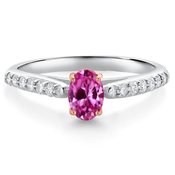 Gem Stone King 925 Silver and 10K Rose Gold Pink Created Sapphire and White Lab Grown Diamond Engagement Ring for Women (0.68 Cttw, Oval 6X4MM, Gemstone September Birthstone, Size 8)