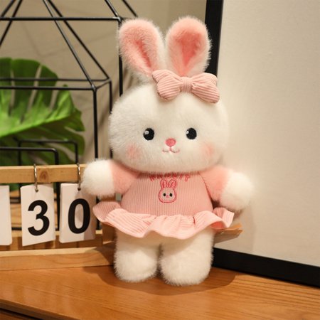 Cadancy Easter Bunny Stuffed Animal Soft Fluffy Rabbit Toy with Dress and Bows Cute Gifts for Kids Adults Festival Easter Basket Bedroom Decor(Pink)