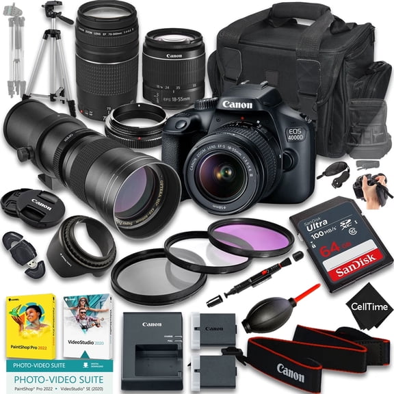Canon EOS 4000D / Rebel T100 DSLR Camera with EF-S 18-55mm f/3.5-5.6 III And EF 75-300mm f/4-5.6 III & 420-800mm f/8 Lens   64GB Memory   More (24pc Bundle) (International Version)