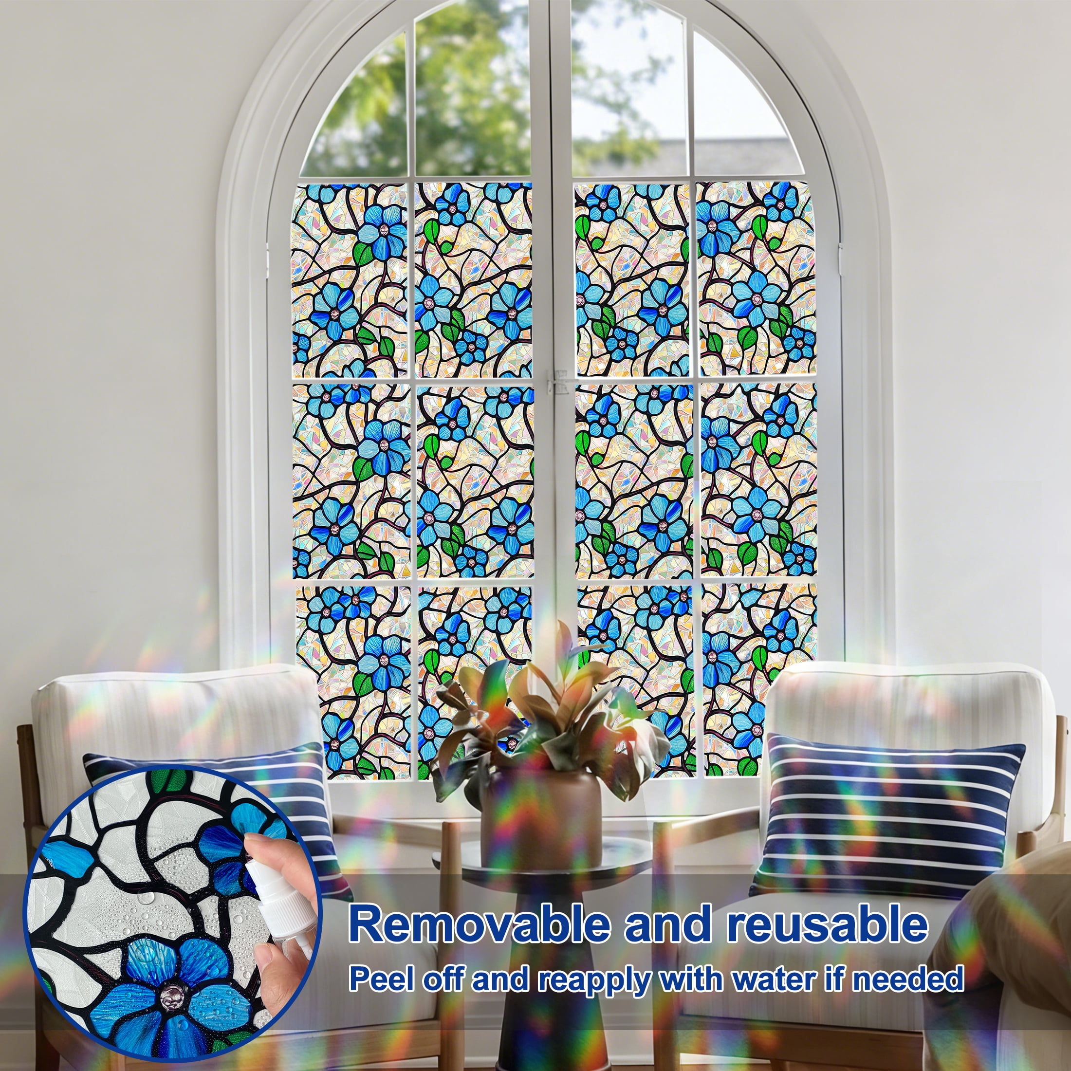 Countewol Window Privacy Film with Installation Tools Home Decorative Colored Glass Window Stickers Reusable electrostatic Rainbow Stickers