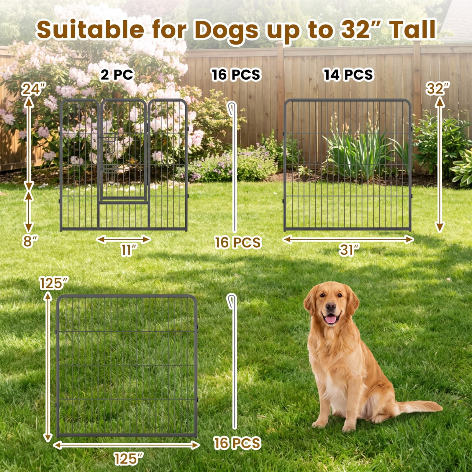 Vebreda 16 Panel 24 Inches Height Dog Playpen with Lock and Large Door, puppy playpen, foldable pet fence, indoor outdoor dog pen