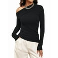 thumbnail image 3 of Women'S Off Shoulder Tops Dressy Long Sleeve Asymmetrical Slim Fit Going Out Fall Blouse Ruched Shirts Black XS, 3 of 8