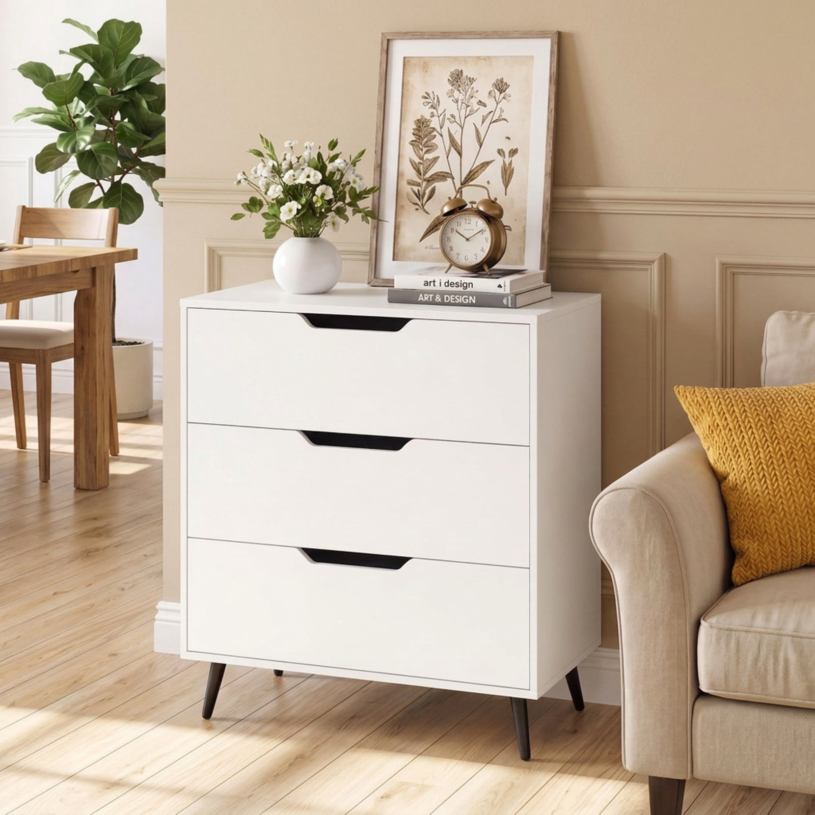 Furnibear 3-Drawer Rustic Farmhouse Wooden Storage Dresser for Bedroom Closet Living Room Nursery Clothes Storage, White