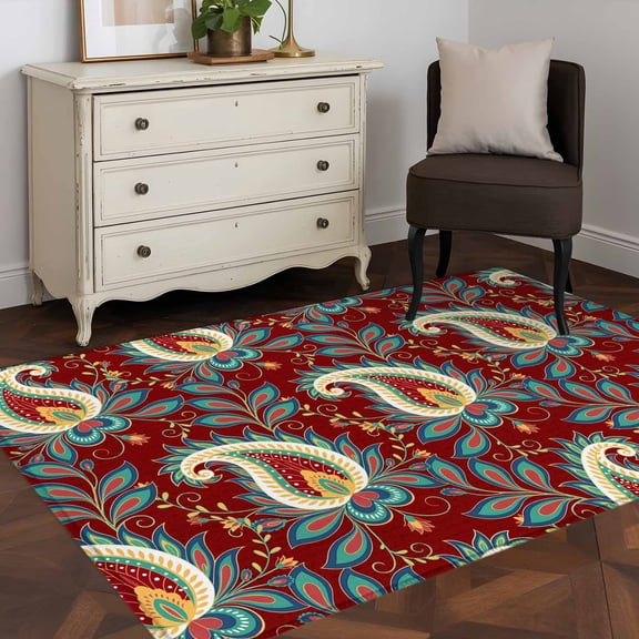 3'x5' Area Rugs, Red Boho Botanical Indoor Outdoor Area Rug for Living Room Bedroom, Southwestern Retro Leaves Ethnic Tribal Washable Bathroom Rugs Kitchen Floor Carpet Mats Home Decor Aesthetic