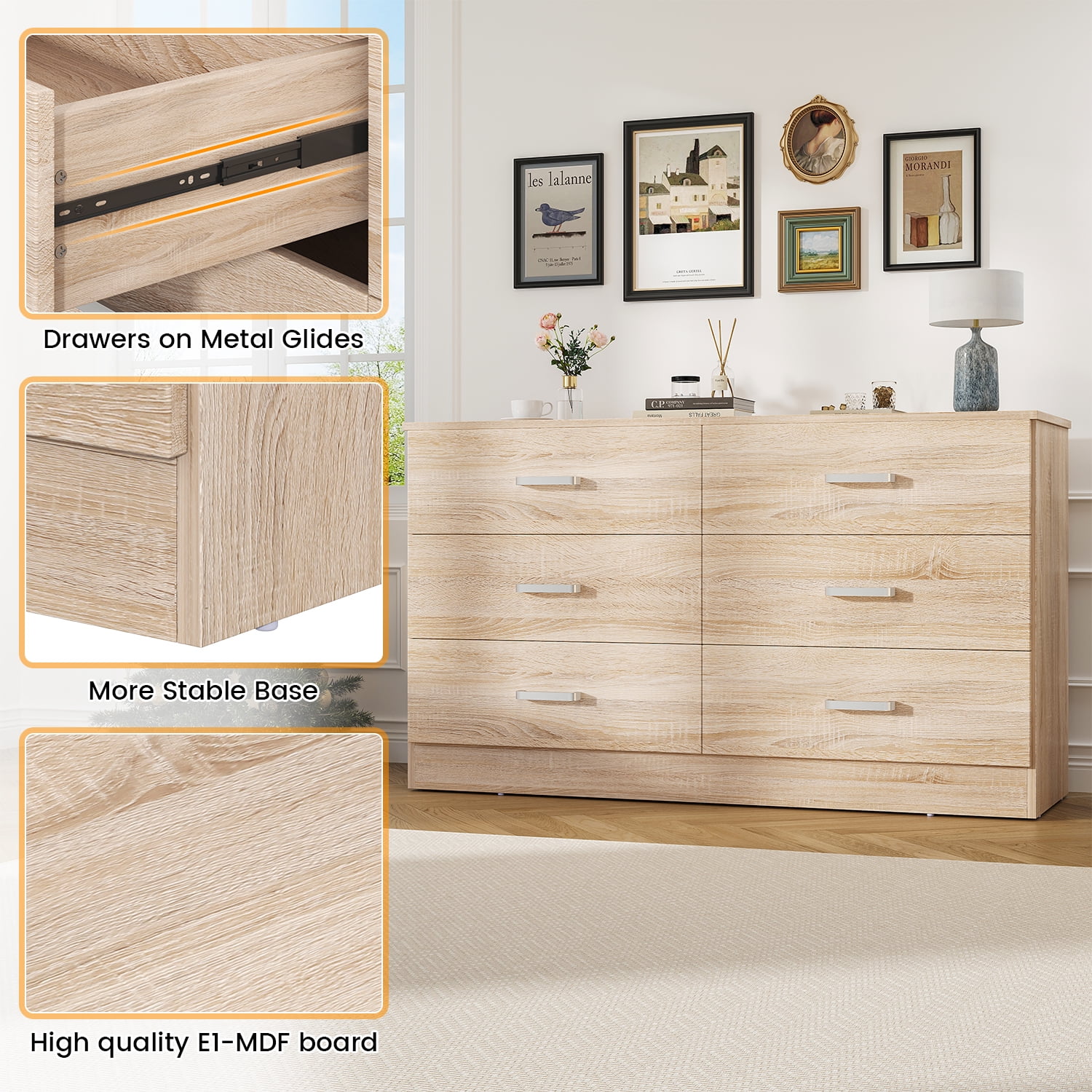 Winkalon 6 Drawer Oak Double Dresser,Wood Storage Cabinet with Easy Pull Out Handles for Living Room,Chest of Drawers for Bedroom