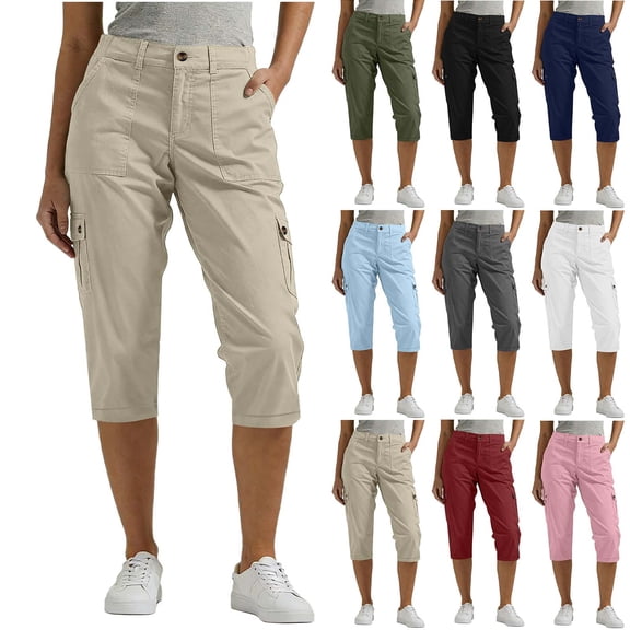 Titcea Cargo Capri Pants for Women Mid-Rise Loose Fitted Elastic Waist Zipper Button Closure Cargo Capris with Pockets Fashion Casual Hiking Pants Khaki