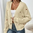 thumbnail image 2 of Women's Fall Winter Heart Pattern V-Neck Casual Simple Style Cardigan Sweater Open Front Long Sleeve Knit Wrap Winter Clothes,Beige,Size L, 2 of 3