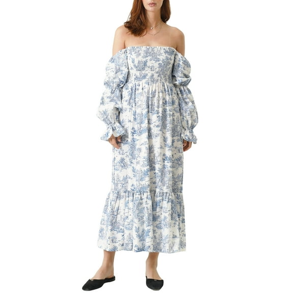 GXFC Women Midi Dress Strapless Long Sleeve Floral Dress for Daily