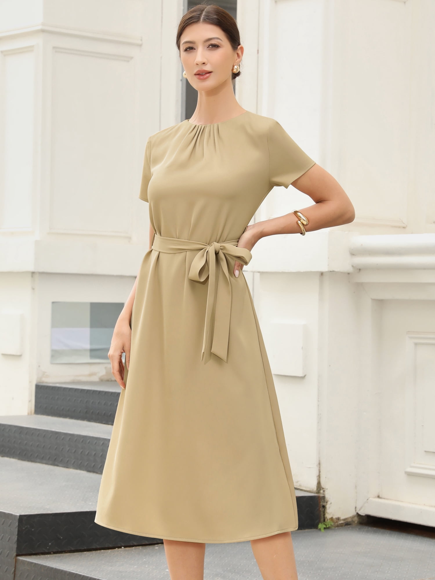 DARING DIVA Women's Polka Summer Short Sleeve A Line Flowy Dress for Work XS Khaki