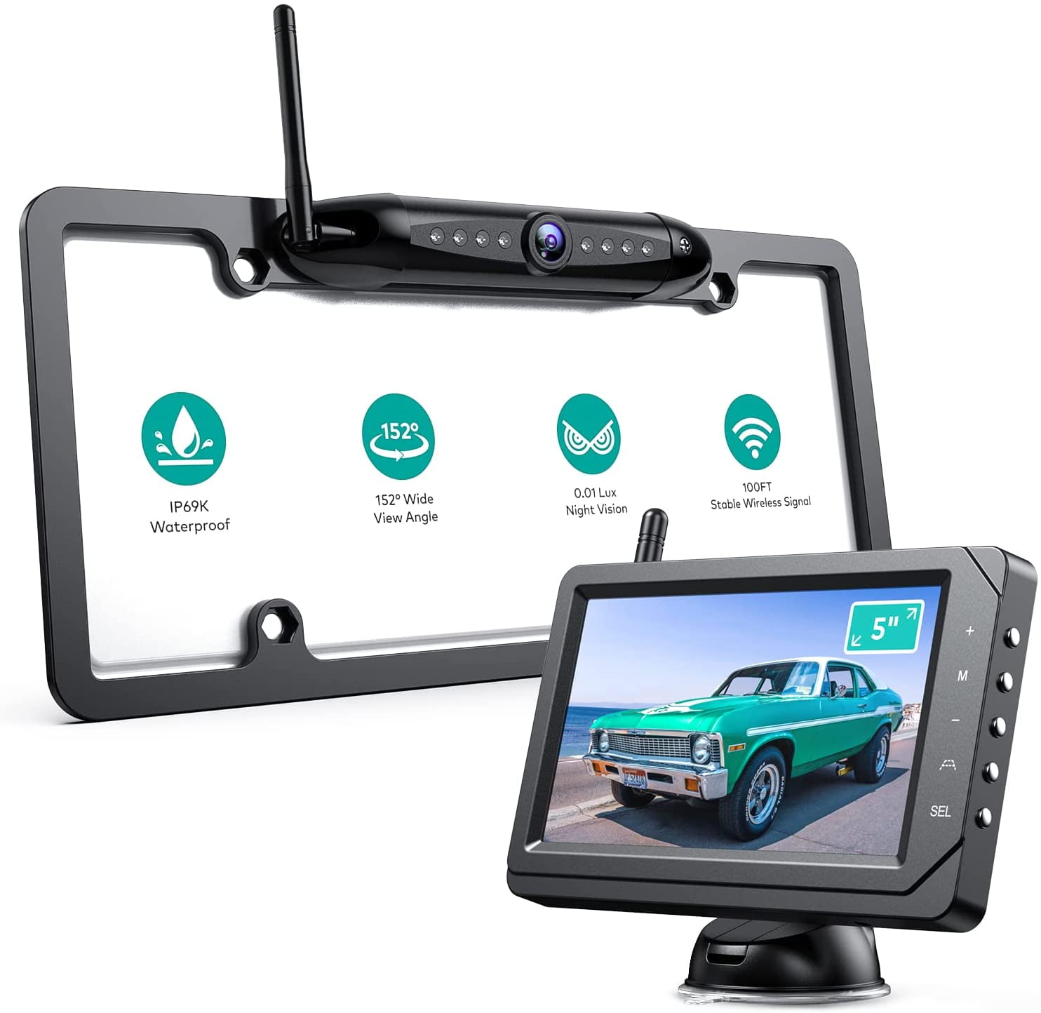 Caybay Wireless Backup Camera, Wireless License Plate Camera with 5