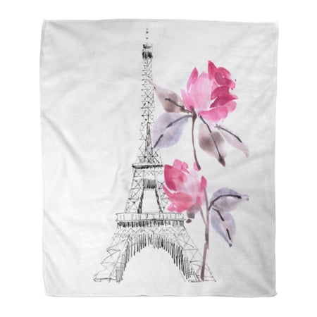 SIDONKU Throw Blanket Warm Cozy Print Flannel France Paris Urban Sketch Eiffel Tower Rose Flower on Architectural Drawing Comfortable Soft for Bed Sofa and Couch 58x80 Inches