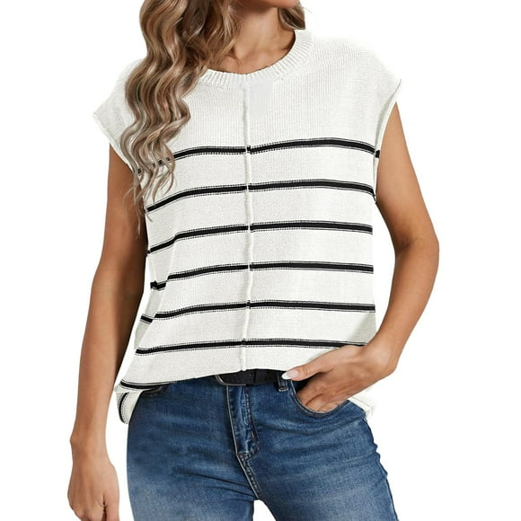 Women's T Shirts Ladies Knitted Vest Pullover Sleeveless Round Neck Casual Solid T Shirt Womens Tshirts White M