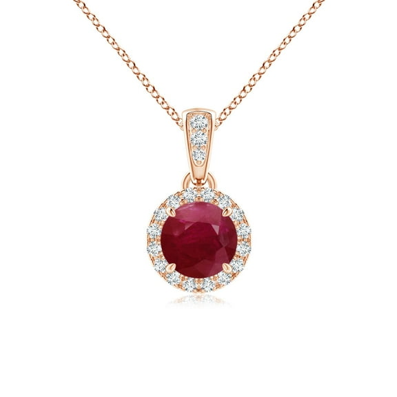 ANGARA Natural Claw-Set Round Ruby Pendant with Diamond Halo in 14K Rose Gold for Women (Size-5mm) | July Birthstone, Birthday, Anniversary, Jewelry Gift for Women | Natural Ruby Necklace
