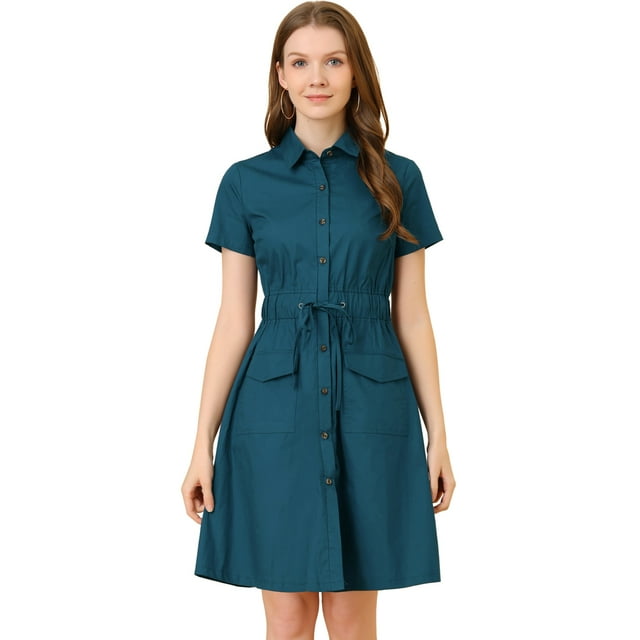 INSPIRE CHIC Robe Courte pour Femme à Col Évasé avec Poches et Taille Élastique