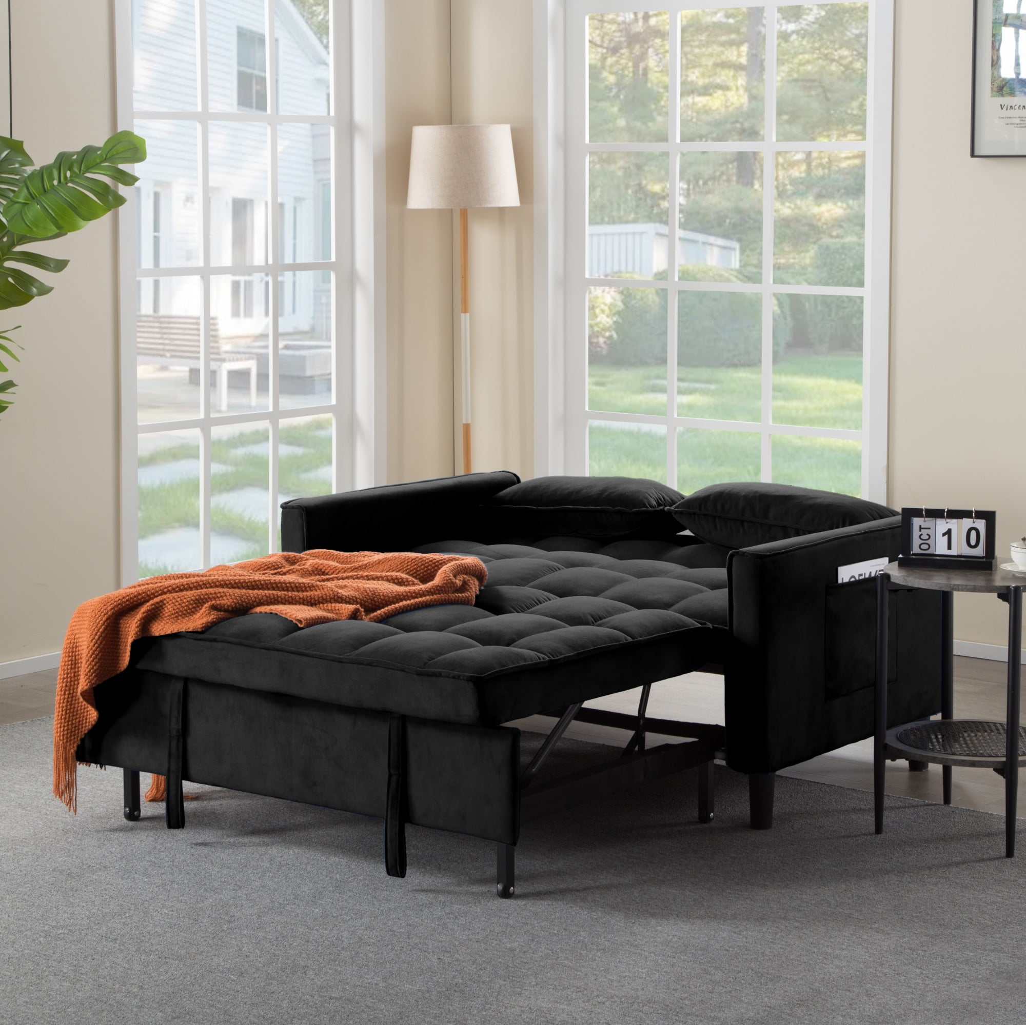Gewnee 53.94" Pull-Out Sofa Bed – Convertible Twin Size Sleeper Bed,3 Adjustable Backrest Angles & Storage Side Pocket for Living Room,Office,Guest Room.Black Velvet