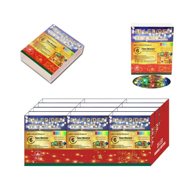 Set of twelve boxes containing 20 LED indoor submersible multi-color string lights with a six-hour timer, shown in retail packaging and display box.