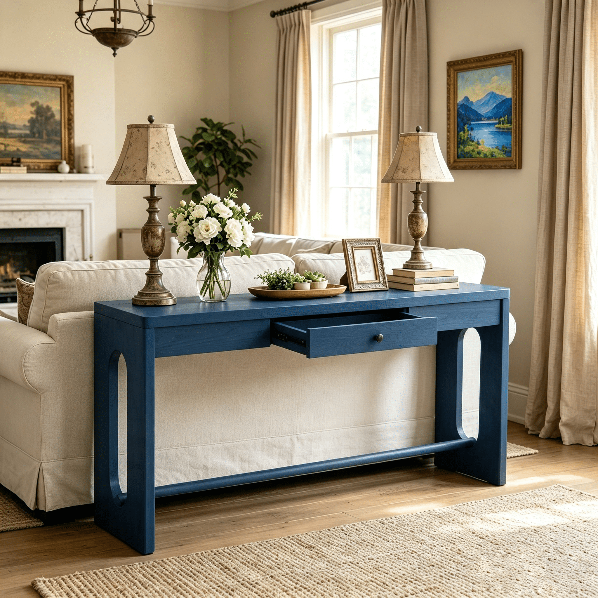 Euroco 59.8" Wood Console Table with Drawer,Modern Narrow Entryway Table with Oval Cutout Leg for Living Room, Foyer,Sofa Table Behind Couch,Navy Blue