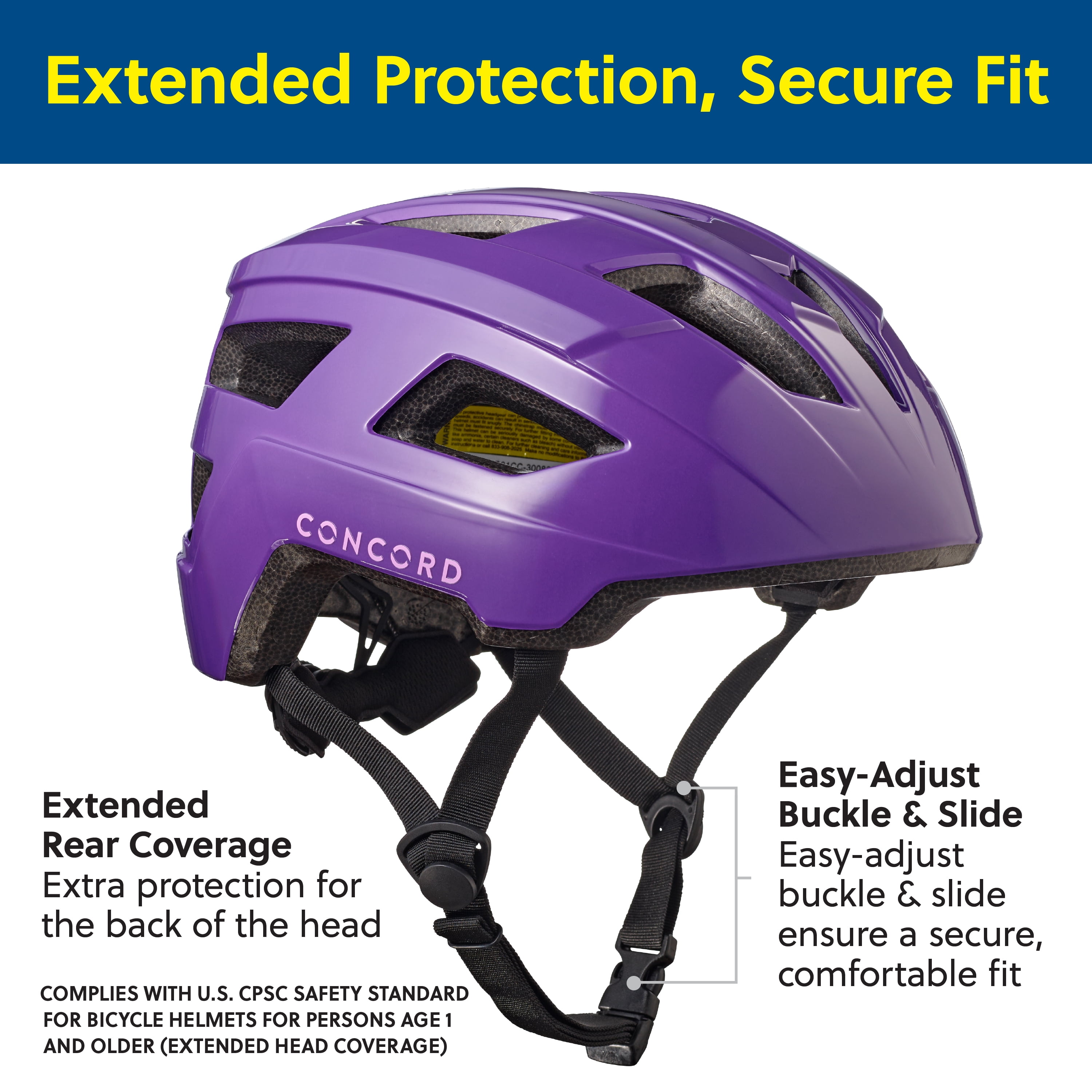 Concord Toddler Bike Helmet, Purple, Size XS, Ages 3+, Adjustable Fit, 15 Vents
