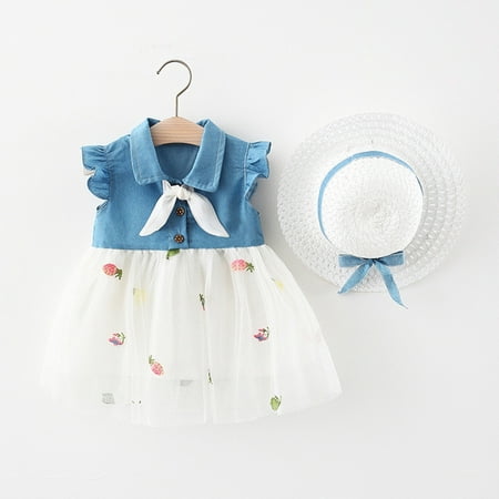 

Hunpta Infant Baby Girls 6M-3Y Fly Sleeve Denim Patchwork Pineapple Tulle Princess Dress Hat Set