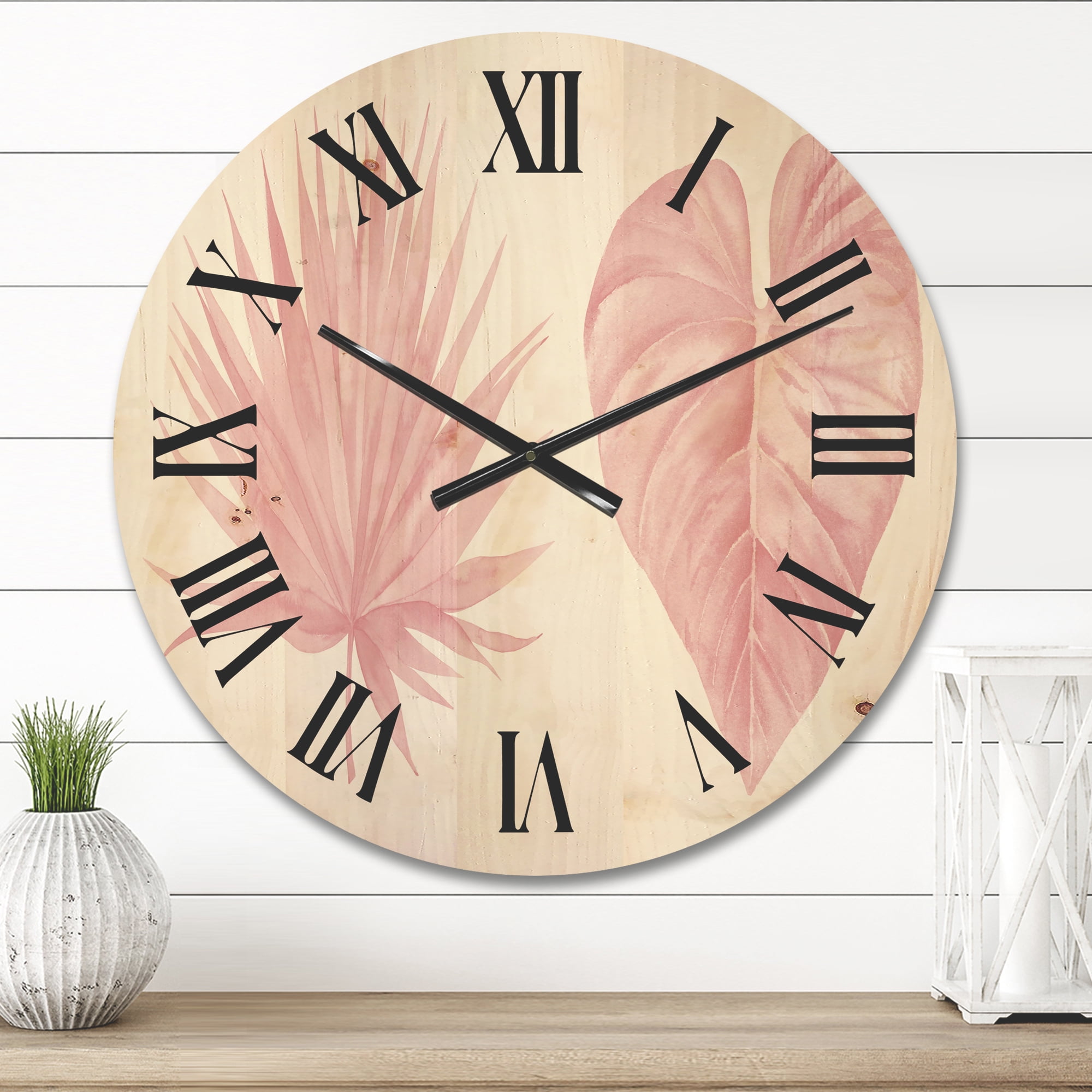 Designart 'Tropical Pink Watercolour Leaves On White II' Shabby Chic Wood Wall Clock