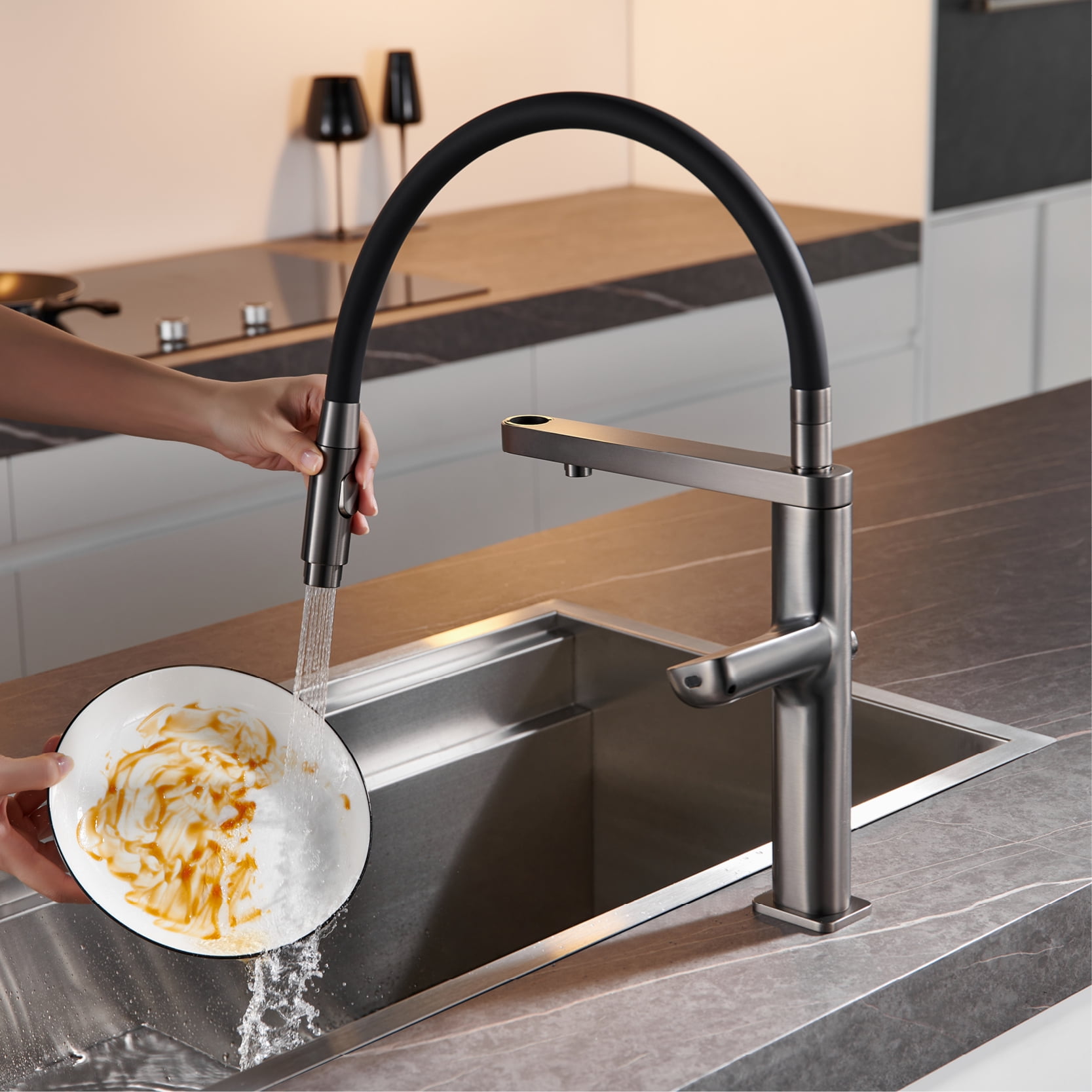 Brass kitchen faucet with induction digital display design, hot and cold water sink faucet with filtered water