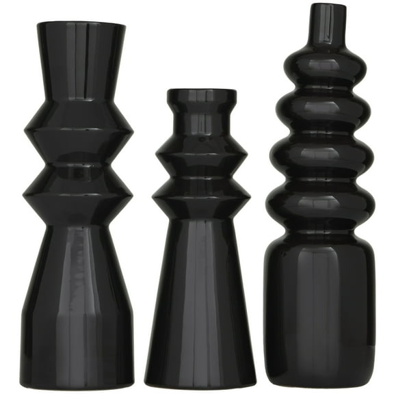CosmoLiving by Cosmopolitan 17", 16", 13"H Black Ceramic Vase with Fluted Designs, Set of 3
