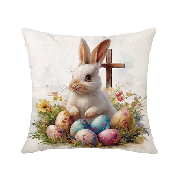 Easter Pillow Covers with Rabbits and Egg Patterns, Decorative Linen Throw Pillow Cases, Square Cushion Covers for Sofa Couch Home Holiday Decor