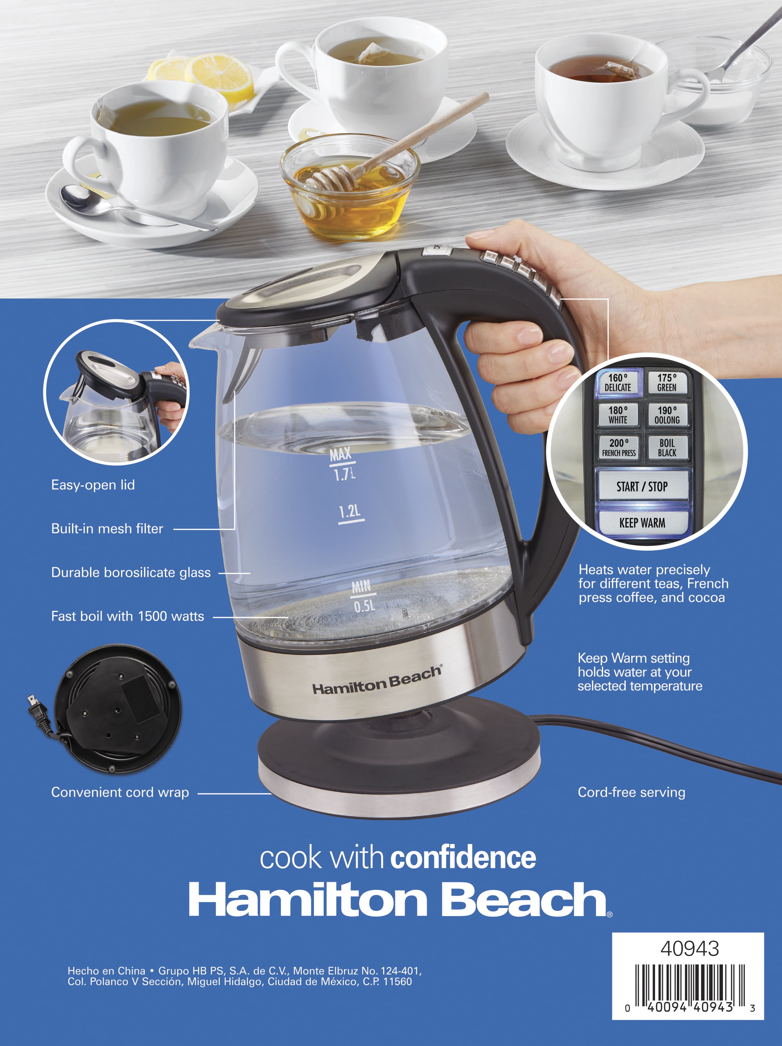 Hamilton Beach Compact 1.2 Liter Glass Kettle - 40931C