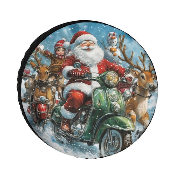 Santa Claus And Reindeer Riding Motorcycle Camping Spare Tire Cover Winter Holiday Decor  Protectors Weatherproof Dust-Proof Universal Fit for Trailer SUV Truck Camper Travel Trailers 12inch
