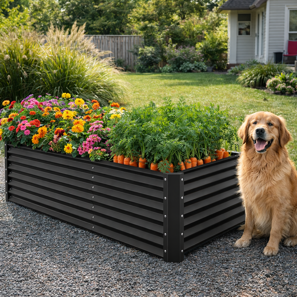 ModFusion 8×4×2 ft Raised Garden Bed Kit with Reinforcement Bars and Stakes, Corrugated Galvanized Steel Metal Planter Box, 479-Gallon Drainage, Large Backyard Plant Pot, Black