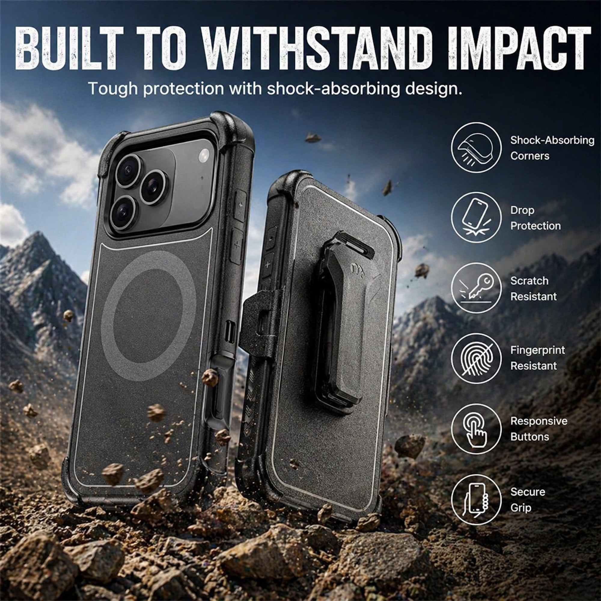 Hybrid Rugged Case with Detachable Belt Clip Holster and Tempered Glass Screen Protector, Magnetic Charging-Compatible, Black, Compatible with iPhone 17 Pro Max