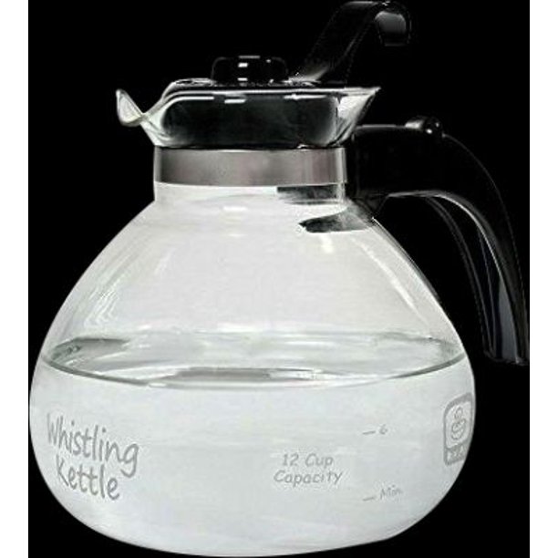 Tetera para estufa, silbante, vidrio de borosilicato, 12 tazas