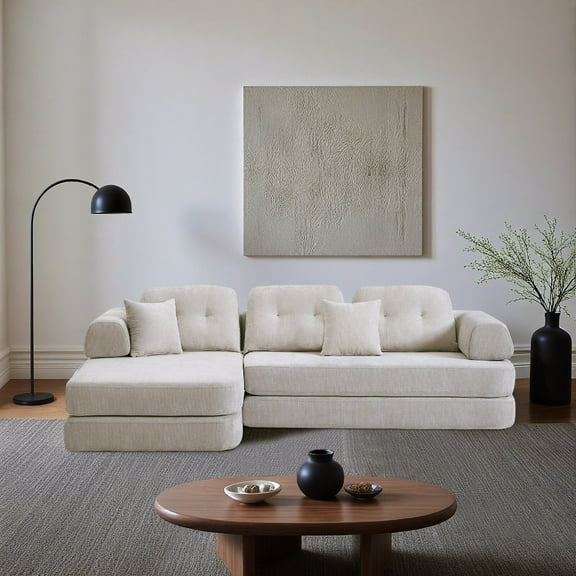 104" Boneless Sectional Compressed Sofa Couch with Chaise, Deep Seat Modular Sectional Sofa Chenille Memory Foam Sofa Boneless Couches for Living Room, Apartmen, Office, Light Grey