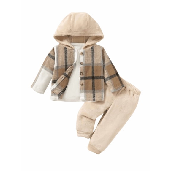 PureChapter Baby Boys' Clothing Sets Plaid Patchwork Fleece Lined Hooded Button Jacket & Warm Pants 2 Piece Casual Outfits